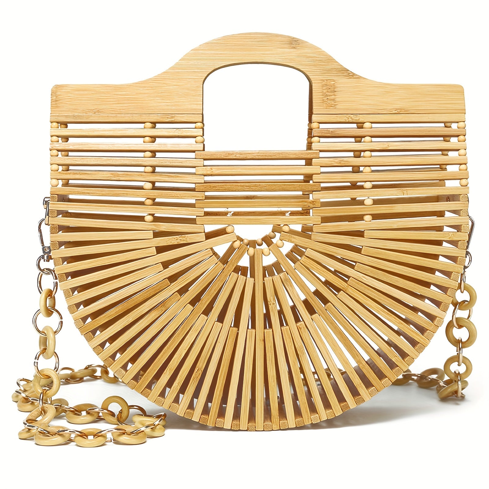 Women's Retro Style Bamboo Woven Handbag With Chain Strap, Hollow Out Beach Tote, Versatile Shoulder & Crossbody Bag, Vintage Bamboo Handle Purse Chef's Market
