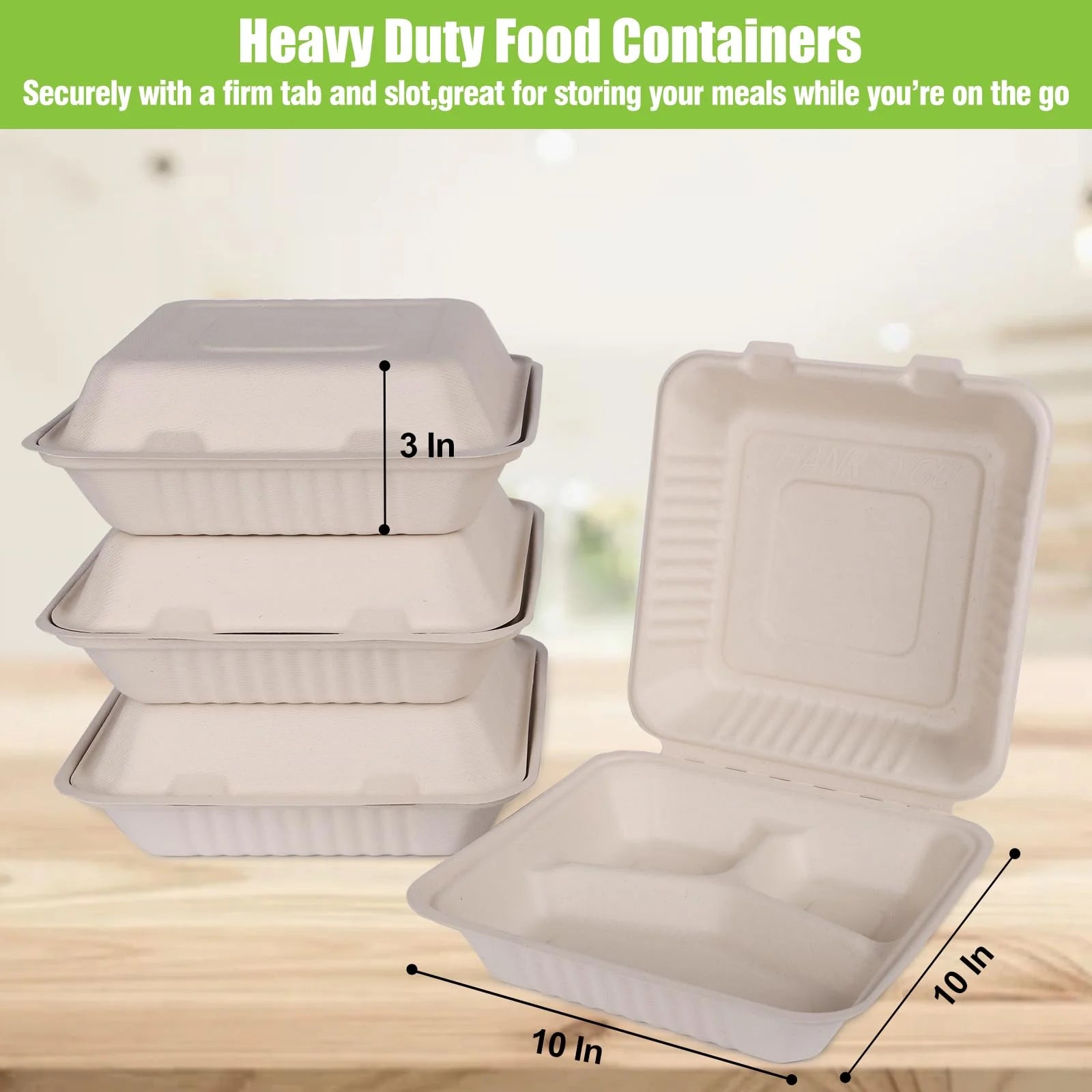 50Pack Compostable Take Out Container 10X10, Disposable to Go Food Boxes with 3 Compartments, Biodegradable Clamshell Container