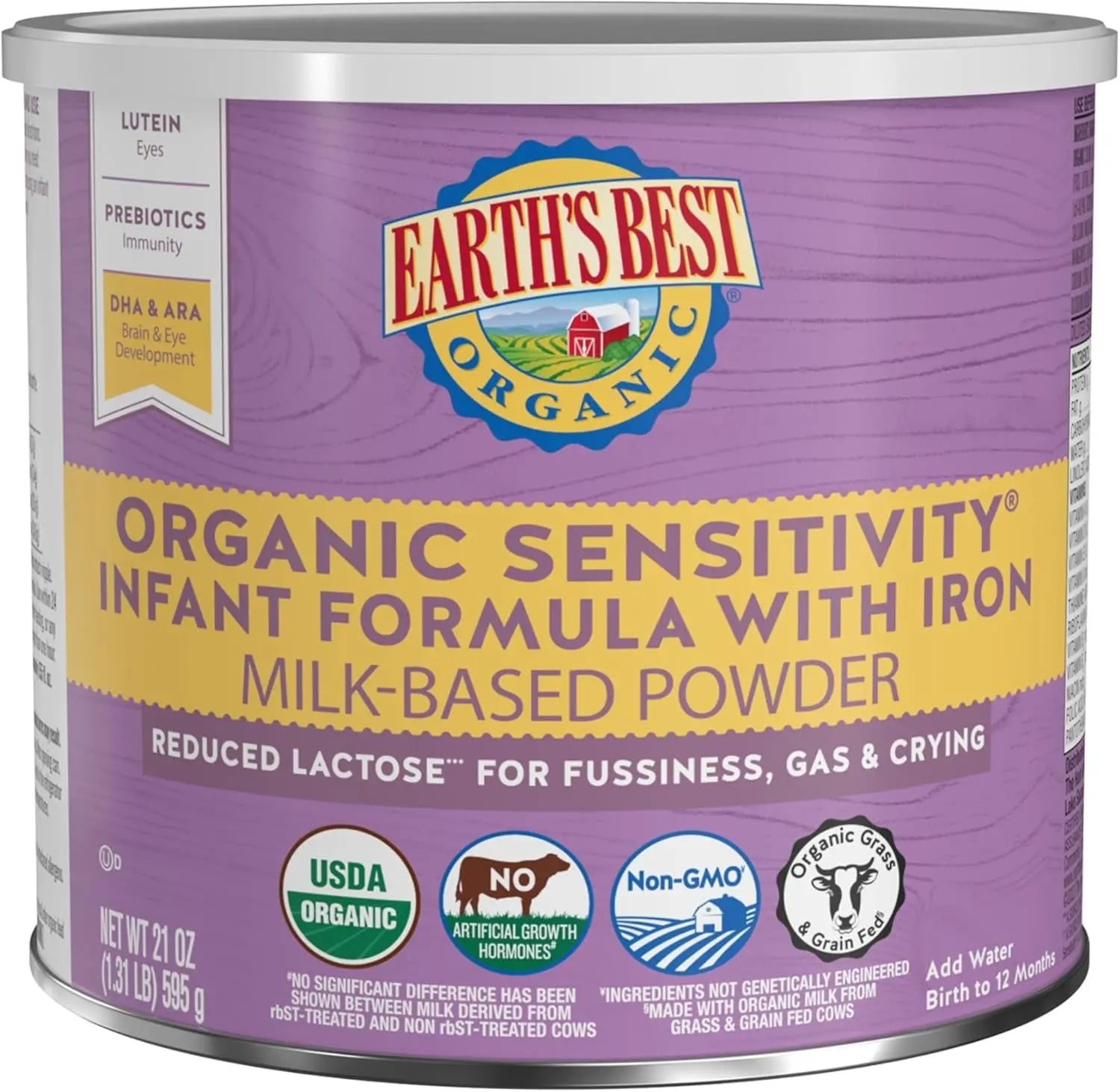 Organic Sensitivity Infant Formula, Babies 0-12 Months, Reduced Lactose, Iron, Omega-3 DHA, Omega-6 ARA, Organic Baby Formula, 21 Ounce Container