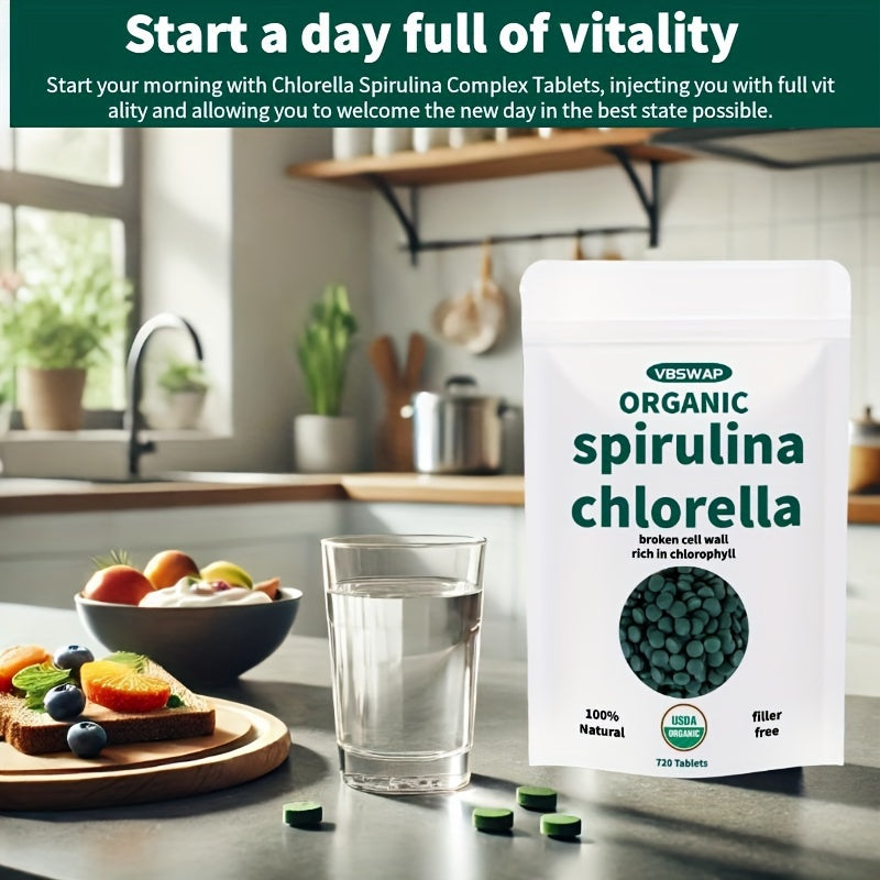 Organic Chlorella Spirulina Tablets, 720 Counts, 4 Months Supply, 50/50 Blend Superfood, No Filler, No Additives, Cracked Cell Wall, Rich In Vegan Protein, And Easy To Swallow.nutritional Supplement For Chef's Market