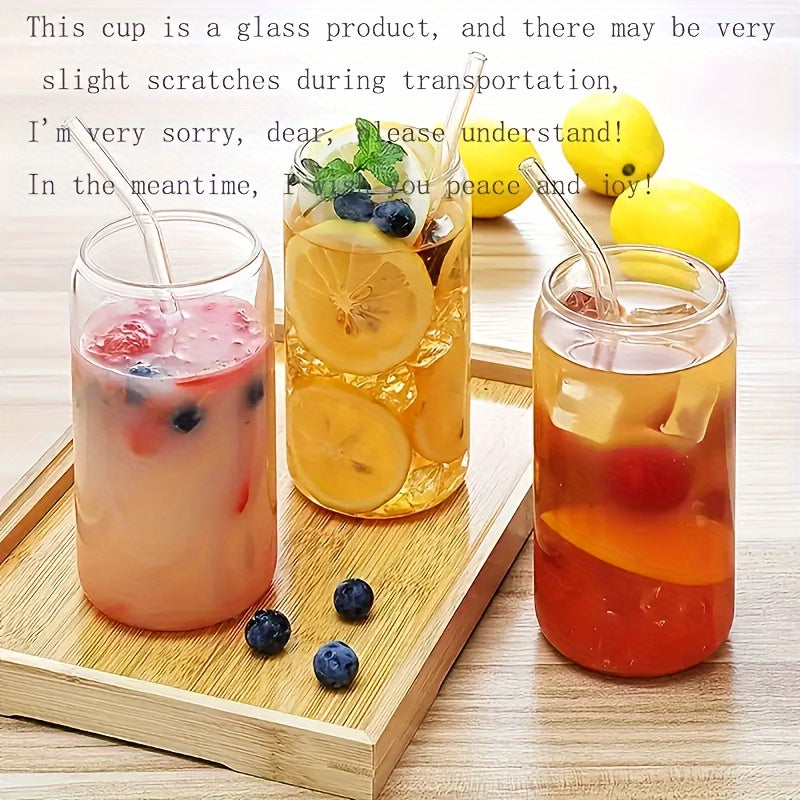 500ml/16 oz Clear Glass cup with Bamboo Lid and Straw - Great for Juice, Beer, Milk, Cute Breakfast Cups Chef's Market