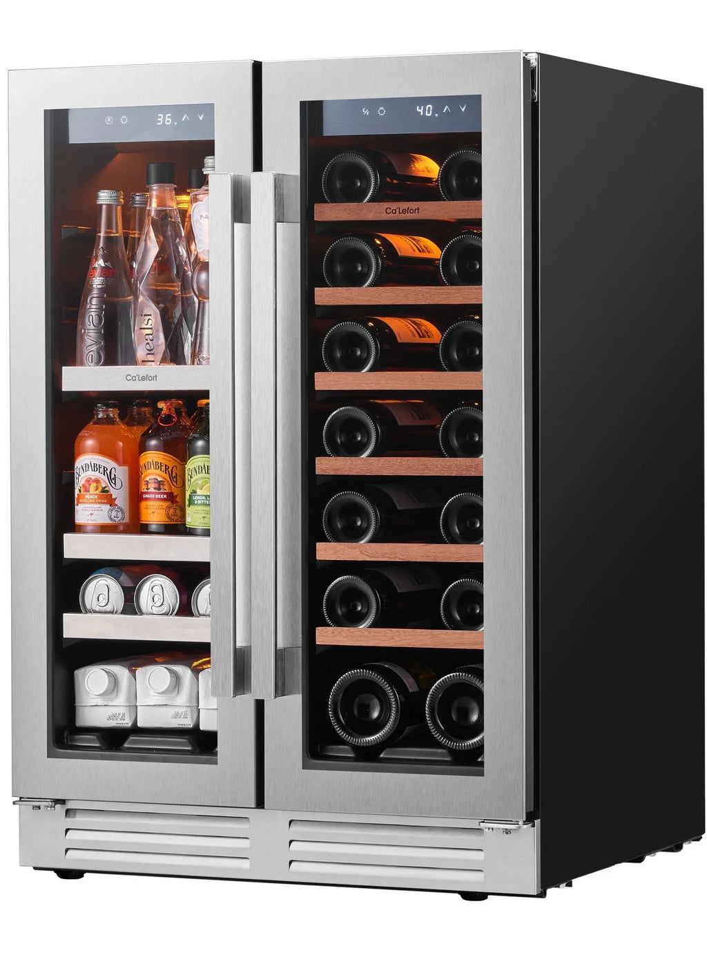 24 Inch Wine Cooler Beverage Refrigerator, Hold 60 Cans and 21 Bottles Dual Zone Wine Fridge with Stainless Steel French Door