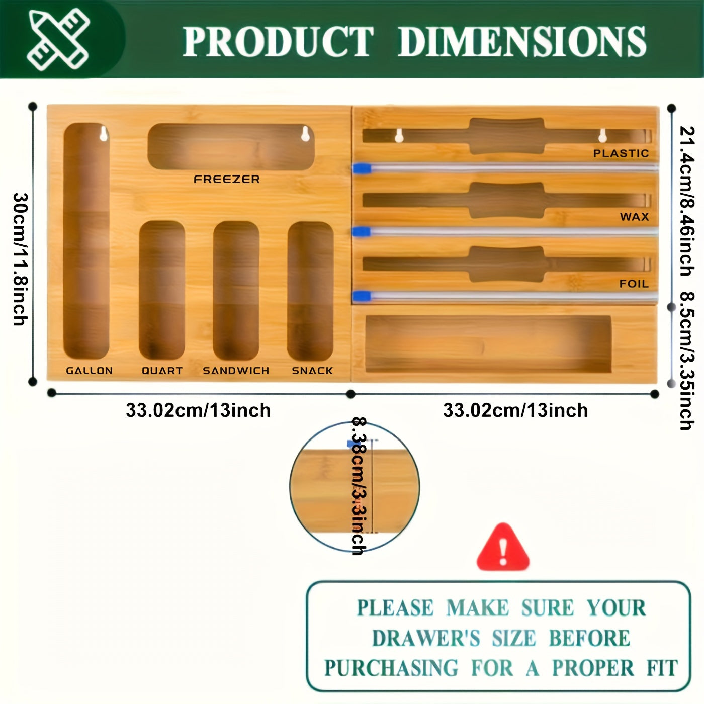 1pc 9 IN 1 Storage Bag Organizer for Kitchen Drawer, Bamboo Foil and Plastic Wrap with Cutter, Organizers Compatible Gallon, Quart, Sandwich Snack Size Chef's Market
