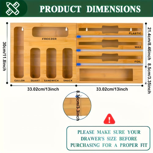 1pc 9 IN 1 Storage Bag Organizer for Kitchen Drawer, Bamboo Foil and Plastic Wrap with Cutter, Organizers Compatible Gallon, Quart, Sandwich Snack Size Chef's Market