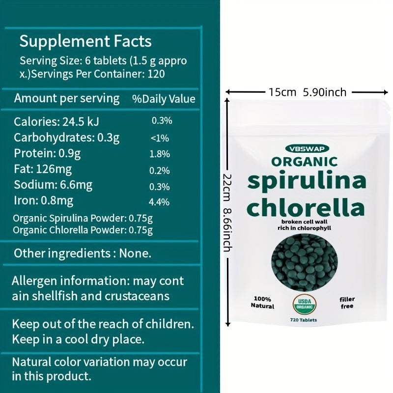 Organic Chlorella Spirulina Tablets, 720 Counts, 4 Months Supply, 50/50 Blend Superfood, No Filler, No Additives, Cracked Cell Wall, Rich In Vegan Protein, And Easy To Swallow.nutritional Supplement For Chef's Market
