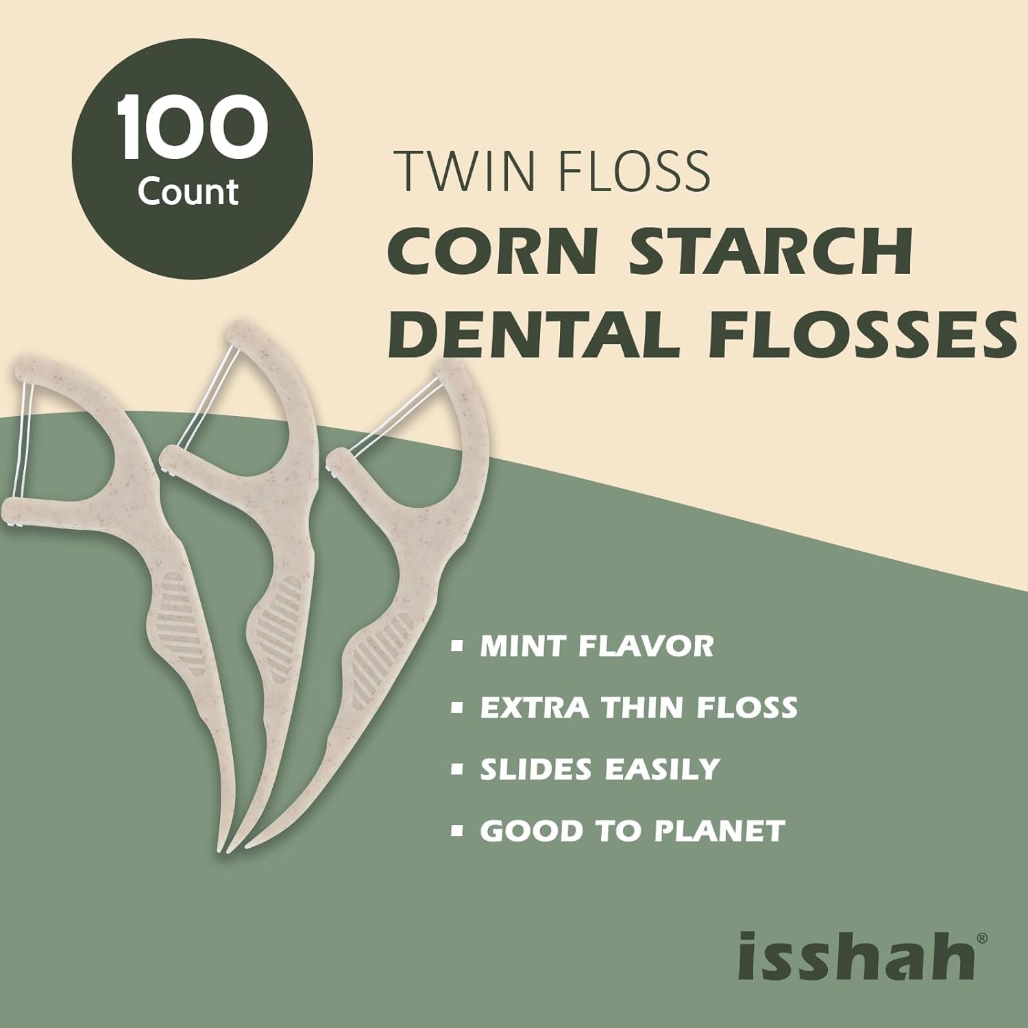 Natural Dental Floss Picks (100 Count) - Vegan, Eco Friendly, Sustainable Dental Flossers - Twin Floss (Mint)