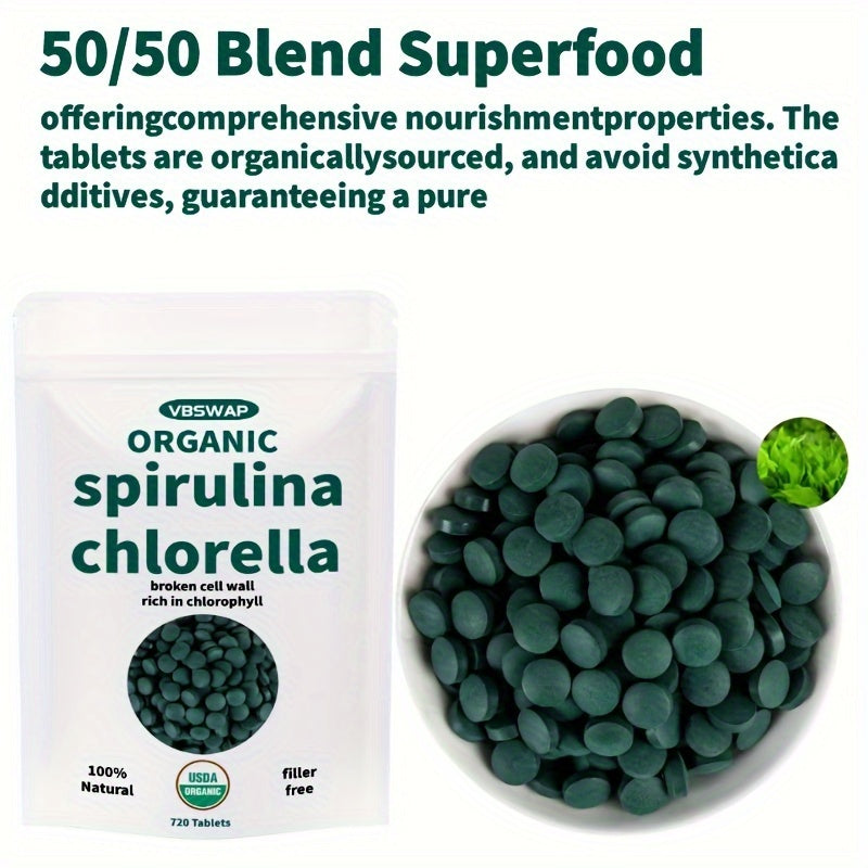 Organic Chlorella Spirulina Tablets, 720 Counts, 4 Months Supply, 50/50 Blend Superfood, No Filler, No Additives, Cracked Cell Wall, Rich In Vegan Protein, And Easy To Swallow.nutritional Supplement For Chef's Market