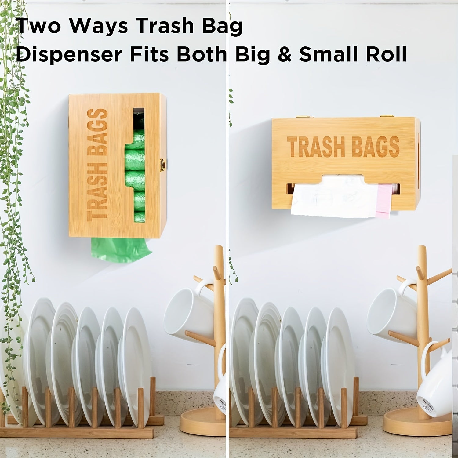 Trash Bag Dispenser, Bamboo Garbage Bag Holder, Plastic Bag Holder with Handles, Grocery Bag Holder Wall Mounted or on Countertop, Compatible with Big and Small Trash Bag Rolls Chef's Market