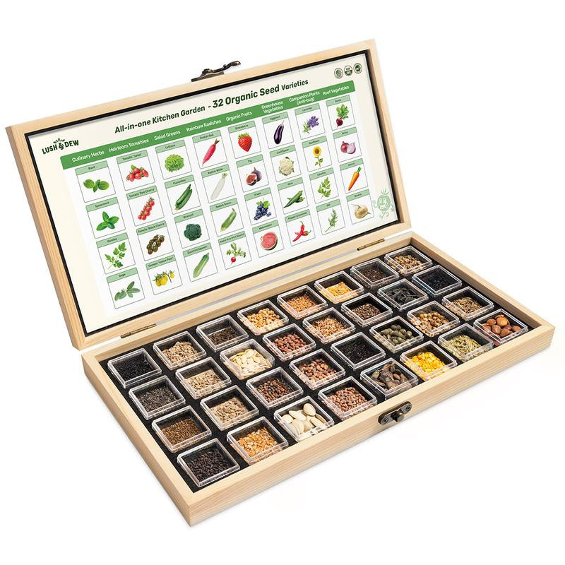 LUSH&DEW All-in-One Kitchen Garden Seed Bank - 32 Organic Garden Plant Seed Varieties with Vegetables, Herbs, Flowers, Fruits. Chef's Market
