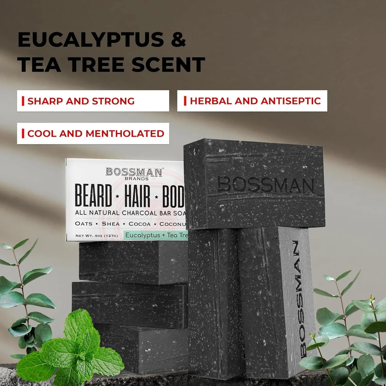 6-Pack 4-In-1 Charcoal Soap Bar (4 Oz) – Bar Soap for Men – All-Natural Beard Wash, Shampoo, Body Wash & Shaving Solution – Eucalyptus & Tea Tree Scent