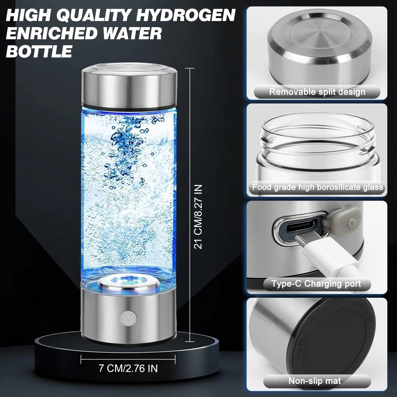 Hydrogen Water Bottle - Portable Hydrogen-Rich Water Generator with SPE/PEM Technology, Rechargeable, Suitable for Purified & Distilled Water