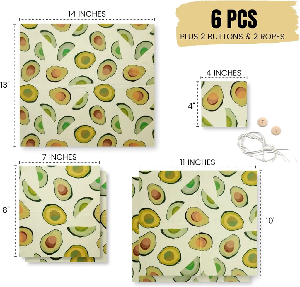 Beeswax Reusable Food Wraps Assorted 6 Pack Beeswax Wrap, Cheese Breads Food Storage Containers, Wrappers, Sustainable Gifts (Avocado)