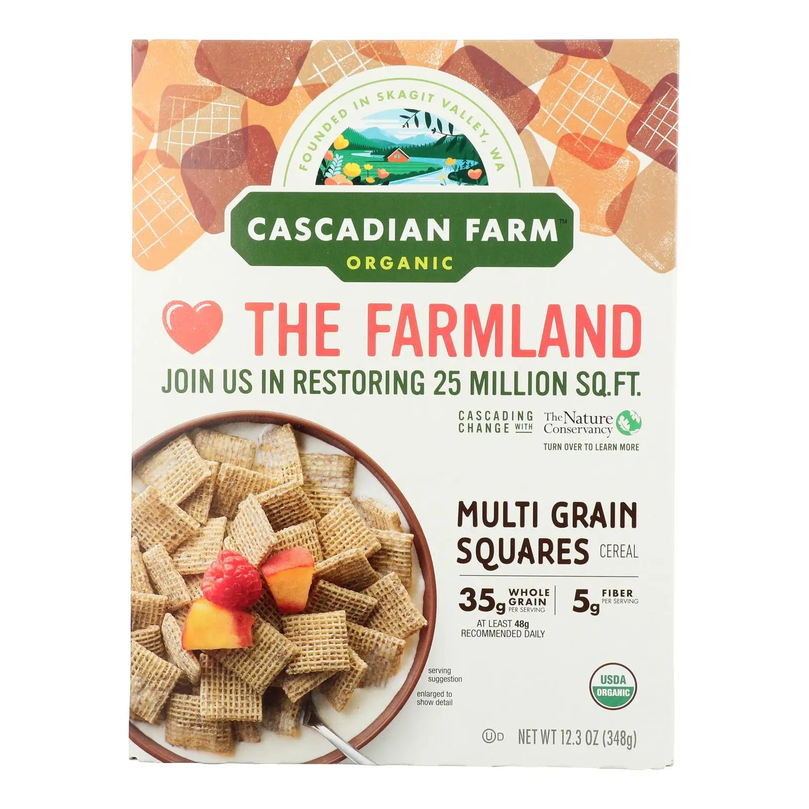 UD2 Cascadian Farm Organic Multi-Grain Squares Breakfast Cereal 12.3 oz Dried Instant Packaged in Bottle Cup Bag-Case of 10 Chef's Market