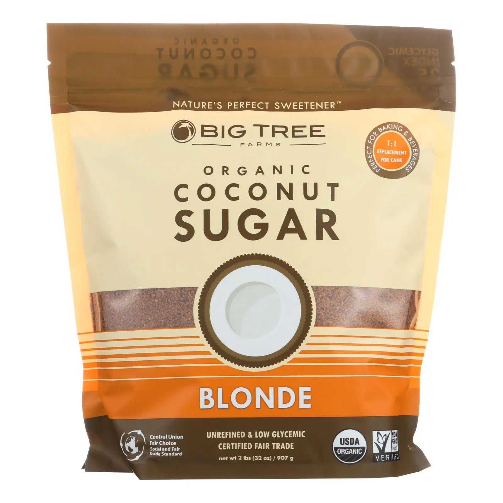UD2 Big Tree Farms Organic Coconut Blonde Sugar 32 oz Case 6-Refined Brown Sugar Powder Primary Palm Beet Sugar Raw Bag Chef's Market
