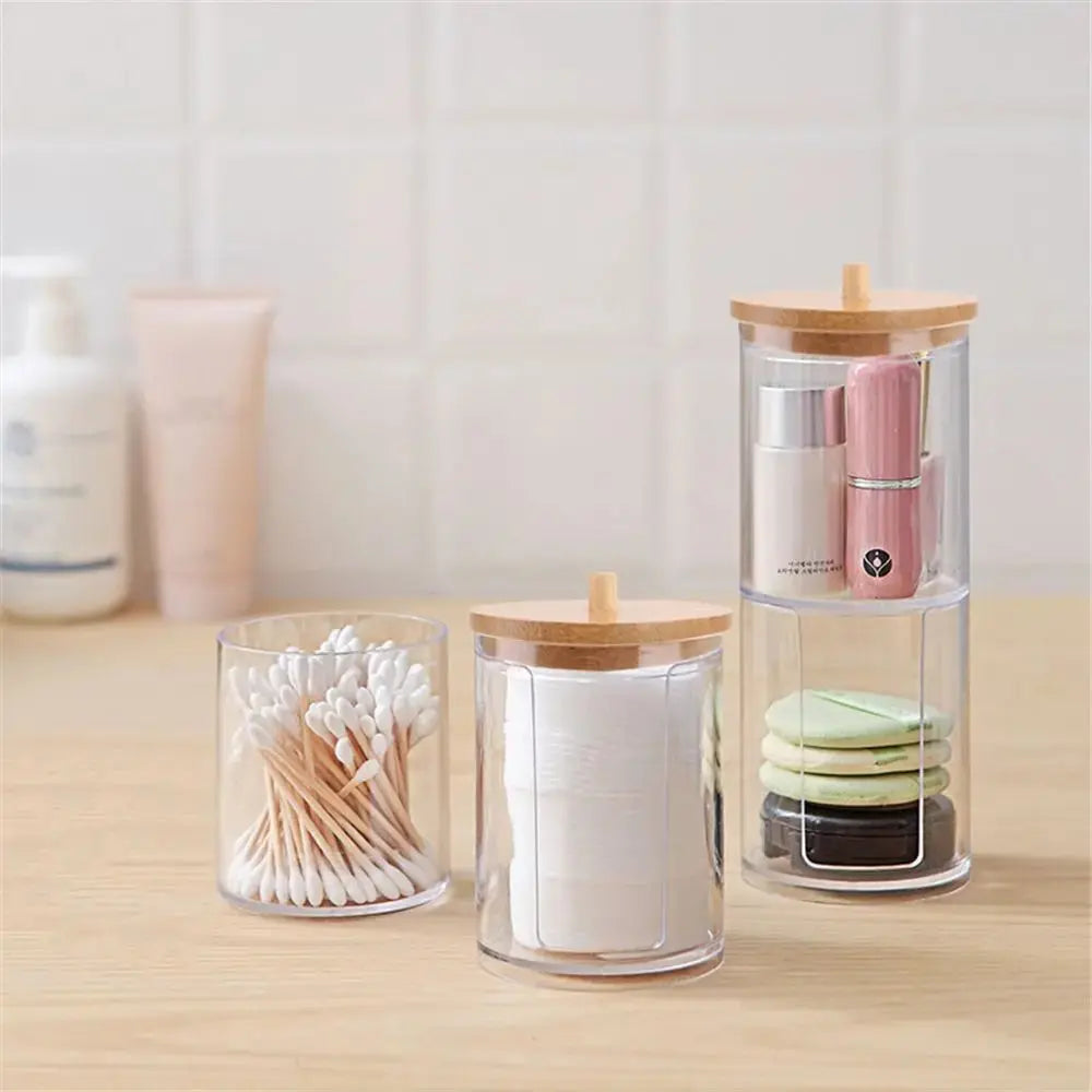 1Pc Acrylic Multifunctional Makeup Cotton Pad Organizer Storage Box For Cotton Swabs Rod Bathroom Qtip Container with Bamboo Lid colegio culinario de morelia
