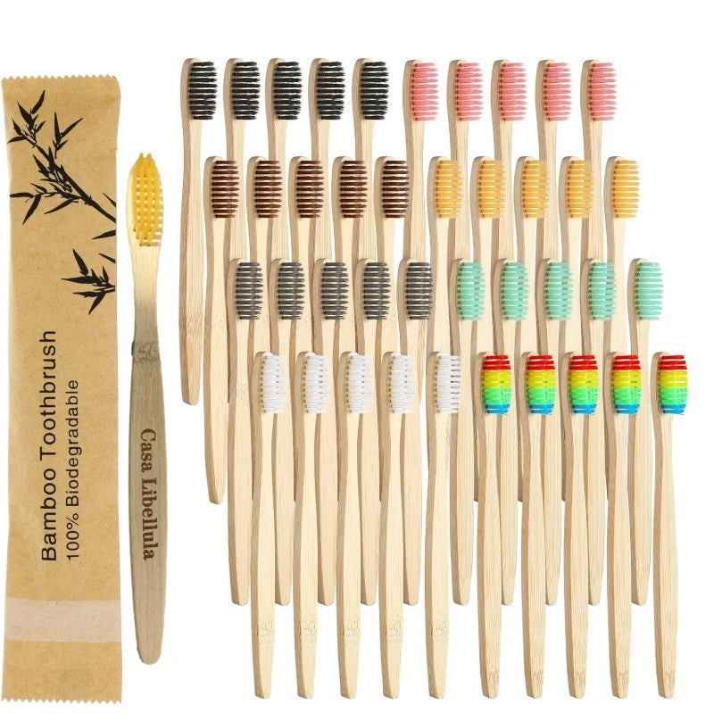 100 Pcs Biodegradable Eco-Friendly Natural Bamboo Charcoal Toothbrushes Soft Bristle Travel Wooden Manual Toothbrush Laser LOGO Chef's Market