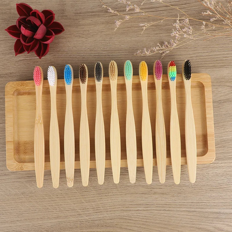 100 Pcs Biodegradable Eco-Friendly Natural Bamboo Charcoal Toothbrushes Soft Bristle Travel Wooden Manual Toothbrush Laser LOGO Chef's Market