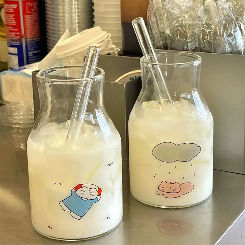 Kawaii Glass Cups And Straws Cold Coffee Cup Tumbler Aesthetic Cute Cat Korean Cups For Juice Beer Milk Tea Wine Glasses Cup colegio culinario de morelia