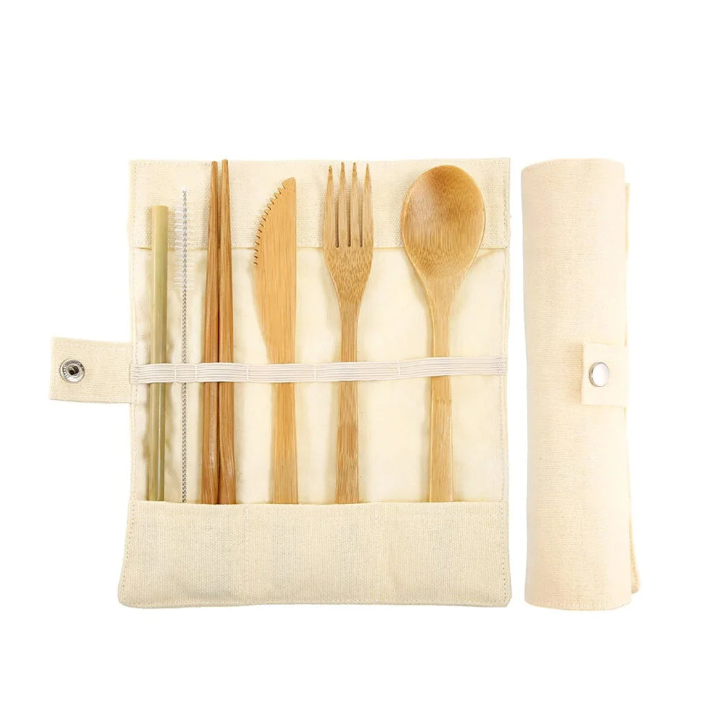 Bamboo Travel Tableware Reusable Bamboo Cutlery Set with Carrying Case Portable Wooden Dinnerware Bamboo Charcoal Toothbrush Chef's Market