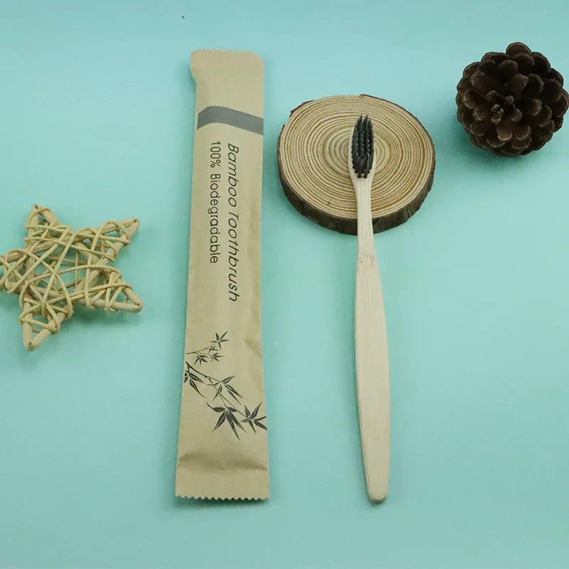 100 Pcs Biodegradable Eco-Friendly Natural Bamboo Charcoal Toothbrushes Soft Bristle Travel Wooden Manual Toothbrush Laser LOGO Chef's Market