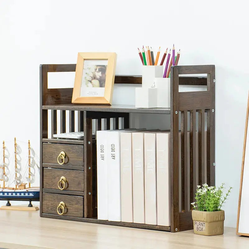 Bamboo Desktop Bookshelf with 3 Drawers, Desktop Storage Cabinet, Office Storage Organizer Student Desktop Multi-Layer Shelf colegio culinario de morelia