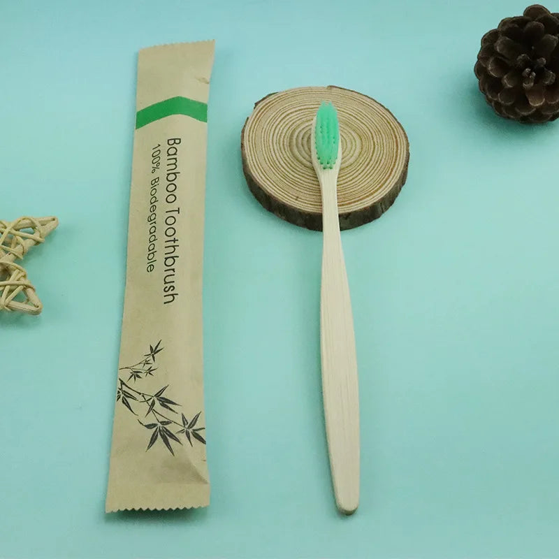 100 Pcs Biodegradable Eco-Friendly Natural Bamboo Charcoal Toothbrushes Soft Bristle Travel Wooden Manual Toothbrush Laser LOGO Chef's Market