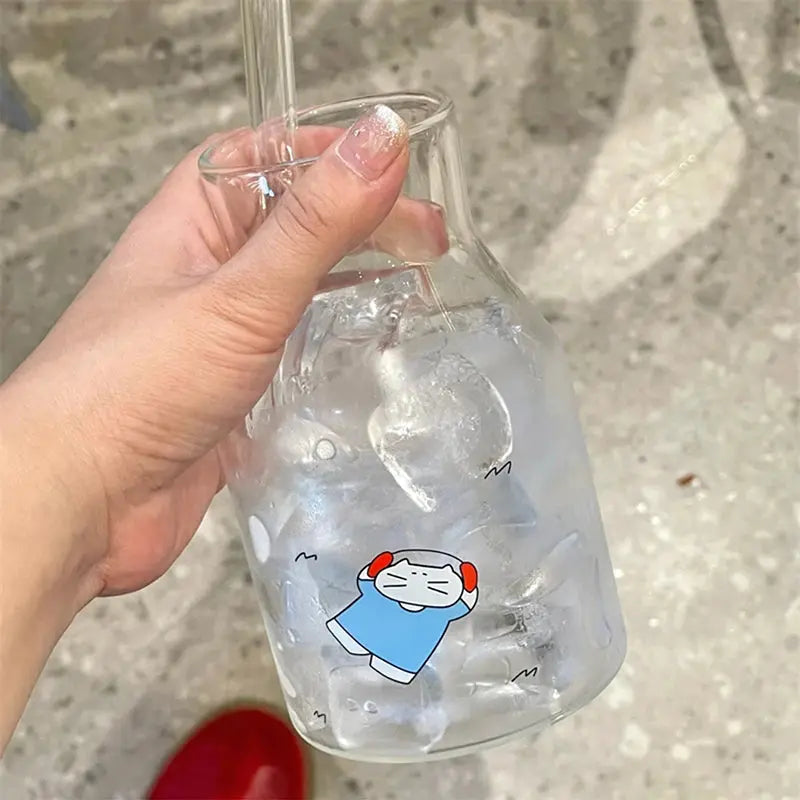 Kawaii Glass Cups And Straws Cold Coffee Cup Tumbler Aesthetic Cute Cat Korean Cups For Juice Beer Milk Tea Wine Glasses Cup colegio culinario de morelia