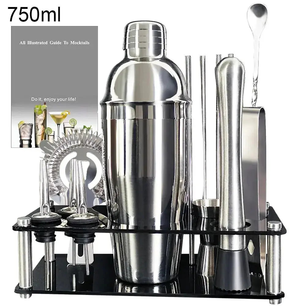 13 Piece 750ml 600ml Cocktail Shaker Set Stainless Steel Bar Tools with Black Stand, 750ml Shaker, Jigger, Spoon, Pourers colegio culinario de morelia