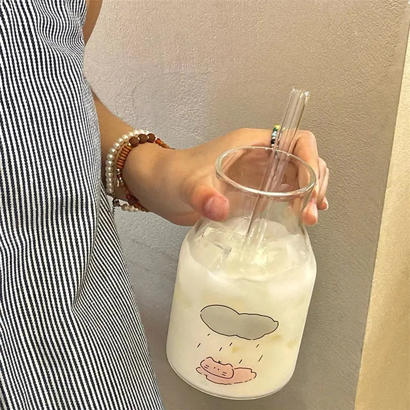Kawaii Glass Cups And Straws Cold Coffee Cup Tumbler Aesthetic Cute Cat Korean Cups For Juice Beer Milk Tea Wine Glasses Cup colegio culinario de morelia