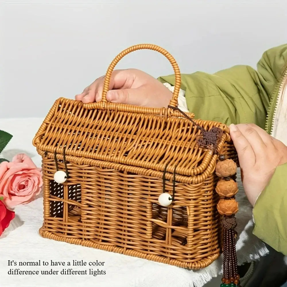 1pc PE Woven Picnic Basket, Handmade Storage Tote Bag for Outdoor, Durable & Lightweight Carry Very Suitable for Picnic Use colegio culinario de morelia
