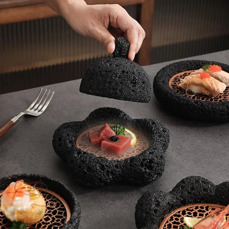 Japanese Tableware Rock Sushi Plate Coal Ball Volcanic Stone Swing Plate Steak Plate Hotel Creative Dining Plate Sushi Dish colegio culinario de morelia