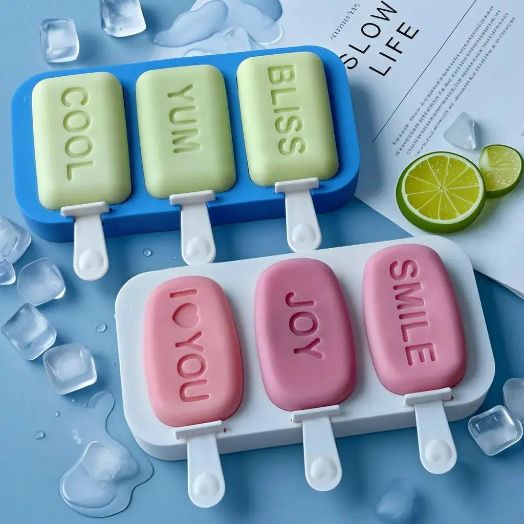 Homemade Popsicle 3-Cavity Ice Cream Mold Food Grade Silicone Letters JOY SMILE COOL YUM DIY Ice Lattice Ice Pop Molds colegio culinario de morelia