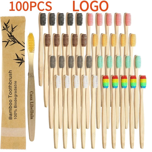 100 Pcs Biodegradable Eco-Friendly Natural Bamboo Charcoal Toothbrushes Soft Bristle Travel Wooden Manual Toothbrush Laser LOGO Chef's Market