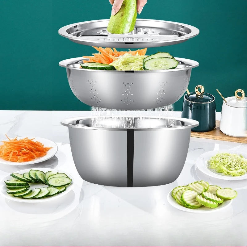 3PCS/1Set Vegetable Slicer, Stainless Steel Slicer, Potato Slicer, Vegetable Washing Basin, Drain Basket, Multifunctional Chef's Market