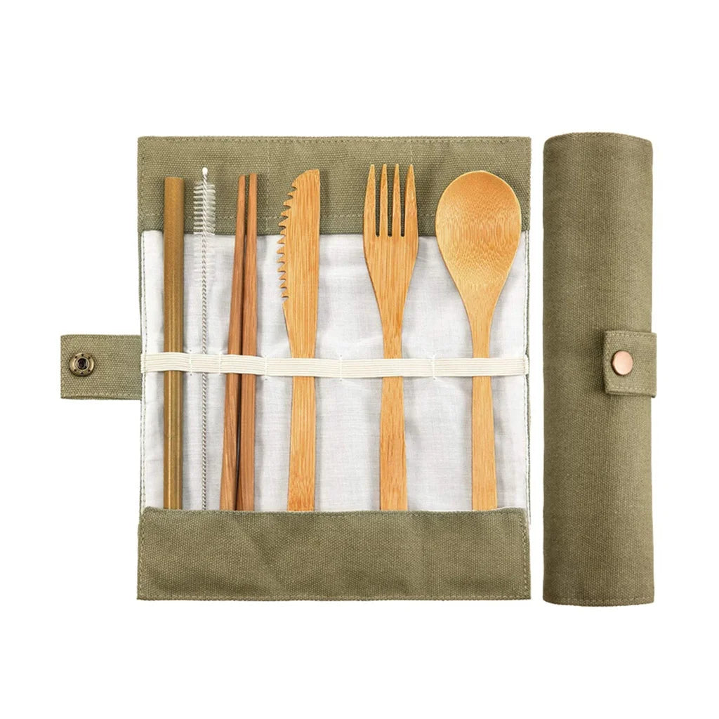 Bamboo Travel Tableware Reusable Bamboo Cutlery Set with Carrying Case Portable Wooden Dinnerware Bamboo Charcoal Toothbrush Chef's Market