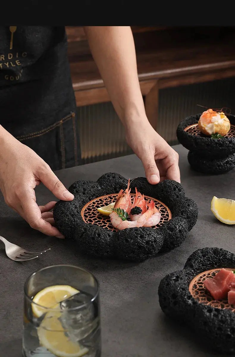 Japanese Tableware Rock Sushi Plate Coal Ball Volcanic Stone Swing Plate Steak Plate Hotel Creative Dining Plate Sushi Dish colegio culinario de morelia
