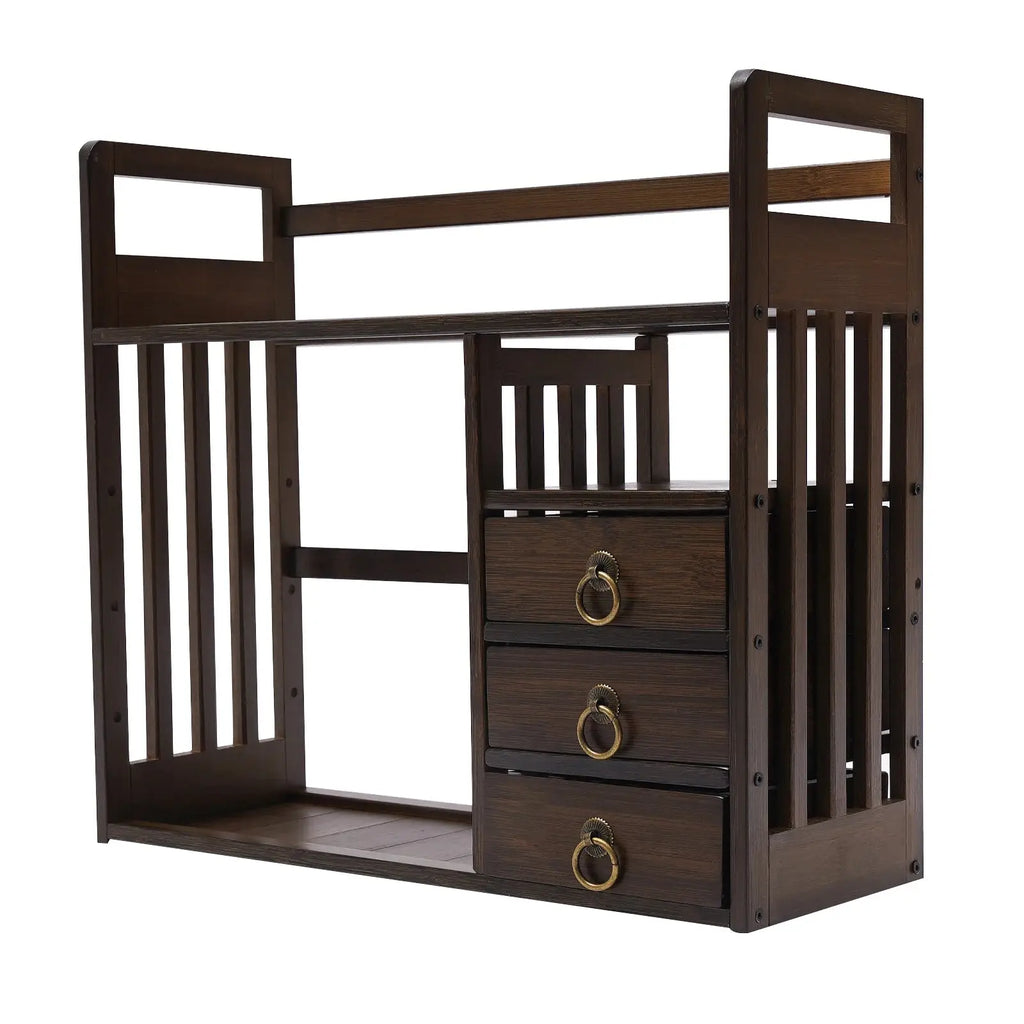 Bamboo Desktop Bookshelf with 3 Drawers, Desktop Storage Cabinet, Office Storage Organizer Student Desktop Multi-Layer Shelf colegio culinario de morelia