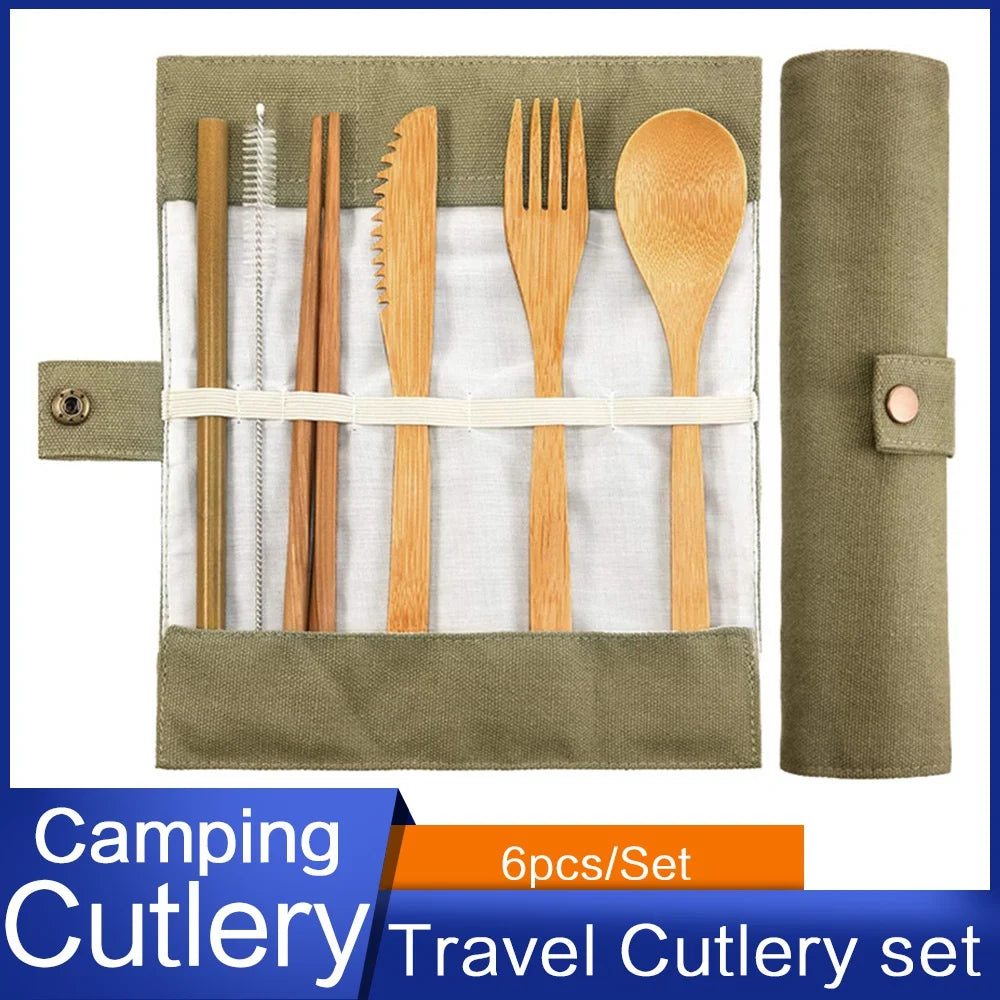 Bamboo Travel Tableware Reusable Bamboo Cutlery Set with Carrying Case Portable Wooden Dinnerware Bamboo Charcoal Toothbrush Chef's Market