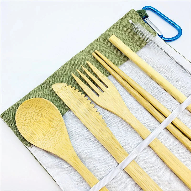 Bamboo Travel Tableware Reusable Bamboo Cutlery Set with Carrying Case Portable Wooden Dinnerware Bamboo Charcoal Toothbrush Chef's Market
