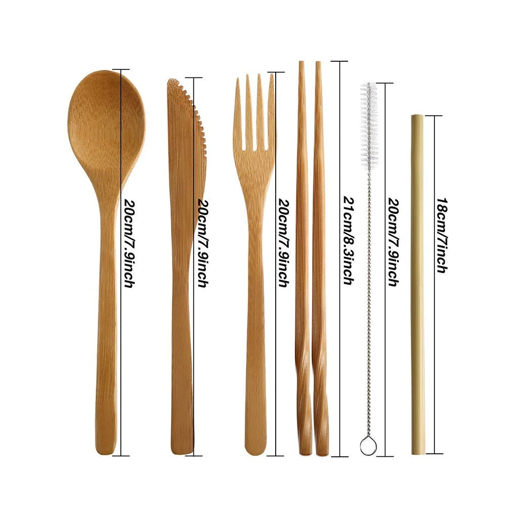 Bamboo Travel Tableware Reusable Bamboo Cutlery Set with Carrying Case Portable Wooden Dinnerware Bamboo Charcoal Toothbrush Chef's Market