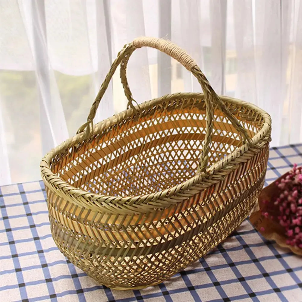 Ergonomic Handle Bamboo Shopping Basket Kitchen Fruit Storage Vegetable Holder Home Storage ganization Weaving Baskets Harvest colegio culinario de morelia