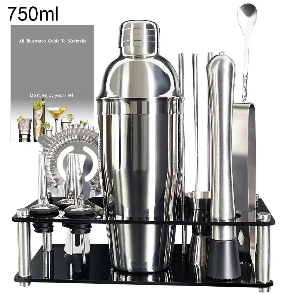 13 Piece 750ml 600ml Cocktail Shaker Set Stainless Steel Bar Tools with Black Stand, 750ml Shaker, Jigger, Spoon, Pourers colegio culinario de morelia