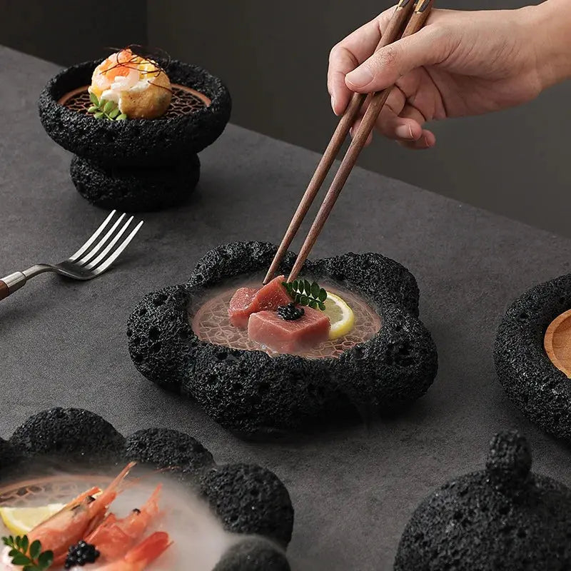 Japanese Tableware Rock Sushi Plate Coal Ball Volcanic Stone Swing Plate Steak Plate Hotel Creative Dining Plate Sushi Dish colegio culinario de morelia