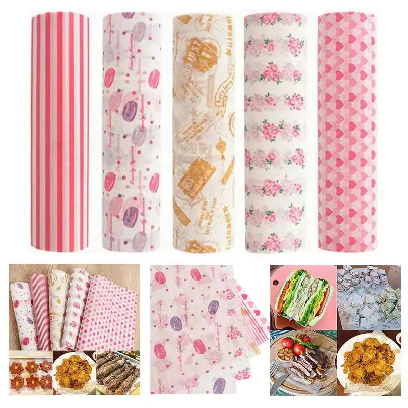 100Pcs Colorful Patterned Greaseproof Paper Food Wrapping Paper Wax Paper for Baking Sandwiches Hamburgers Snack Basket Liners colegio culinario de morelia