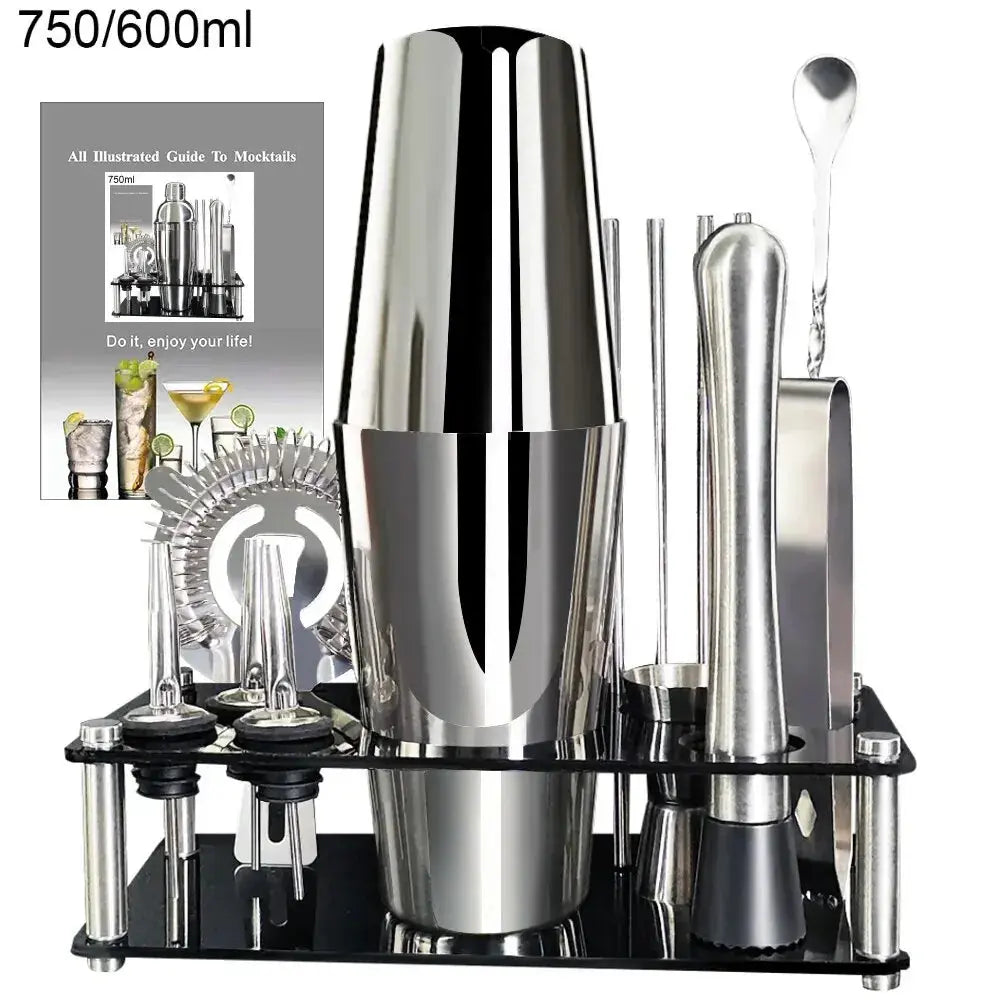 13 Piece 750ml 600ml Cocktail Shaker Set Stainless Steel Bar Tools with Black Stand, 750ml Shaker, Jigger, Spoon, Pourers colegio culinario de morelia