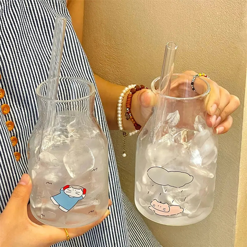 Kawaii Glass Cups And Straws Cold Coffee Cup Tumbler Aesthetic Cute Cat Korean Cups For Juice Beer Milk Tea Wine Glasses Cup colegio culinario de morelia