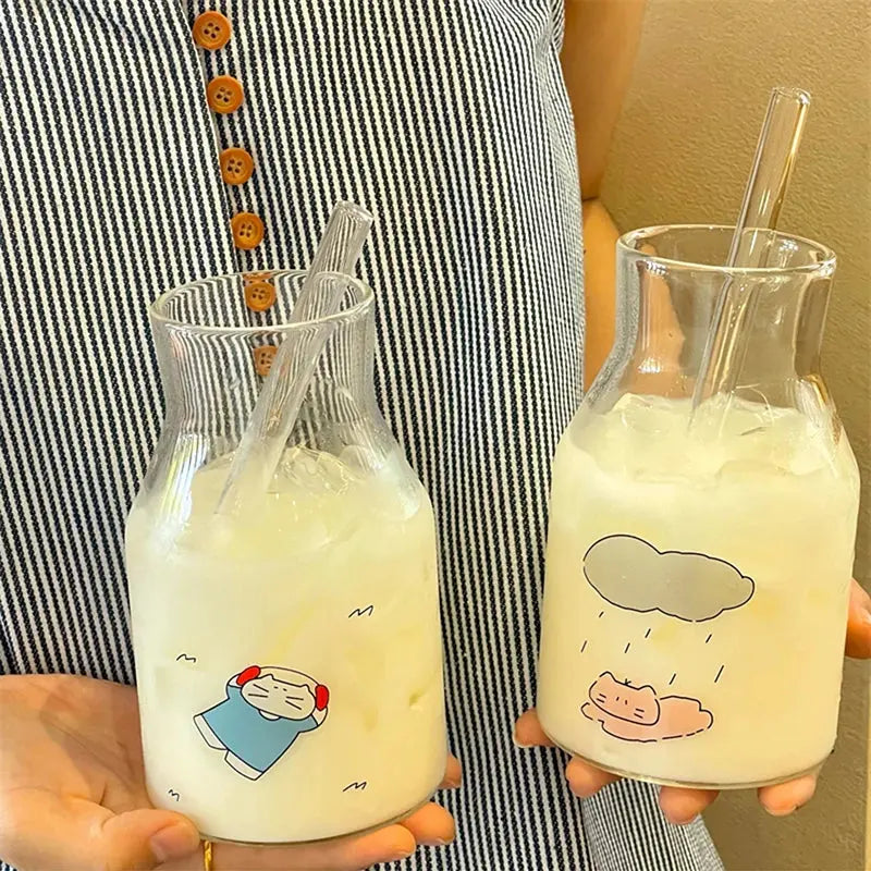 Kawaii Glass Cups And Straws Cold Coffee Cup Tumbler Aesthetic Cute Cat Korean Cups For Juice Beer Milk Tea Wine Glasses Cup colegio culinario de morelia