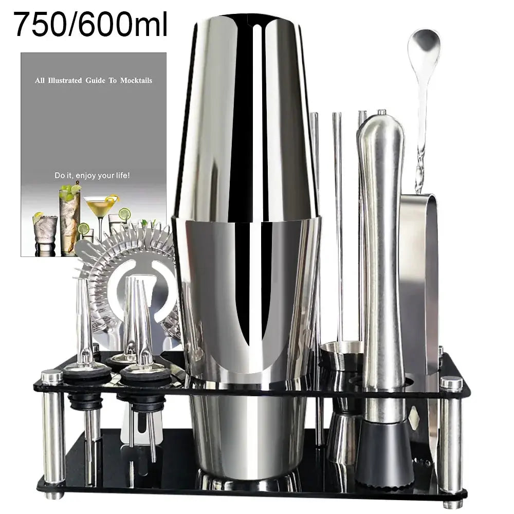 13 Piece 750ml 600ml Cocktail Shaker Set Stainless Steel Bar Tools with Black Stand, 750ml Shaker, Jigger, Spoon, Pourers colegio culinario de morelia