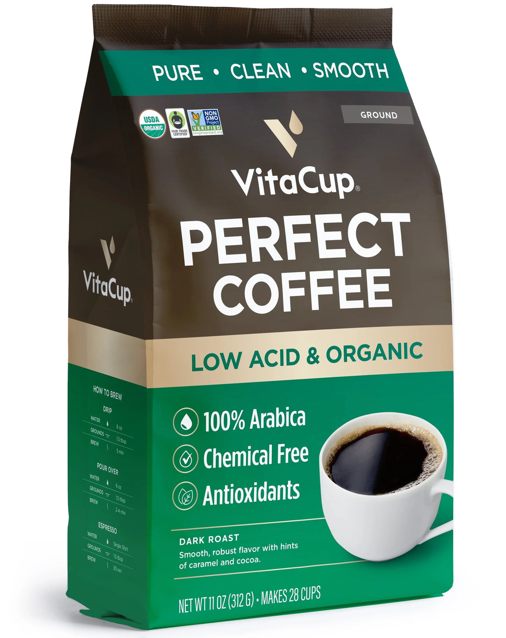 Perfect Low Acid Coffee Grounds, Dark Roast Organic Coffee, 11 Ounces