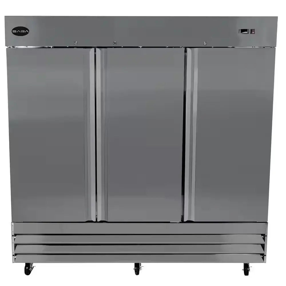 81 In. W 72 Cu. Ft. Three Door Commercial Reach in Upright Refrigerator in Stainless Steel